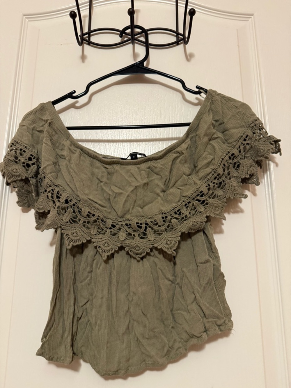 Ambiance Olive Off-Shoulder Crochet Crop Top